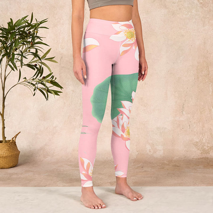 Buddha Stonesピンク 蓮の花 葉 プリント ジム フィットネス レギンス レディース ヨガパンツ - image 4