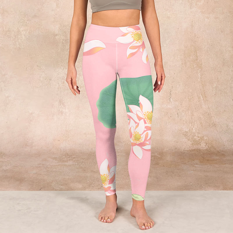 Buddha Stonesピンク 蓮の花 葉 プリント ジム フィットネス レギンス レディース ヨガパンツ - image 2