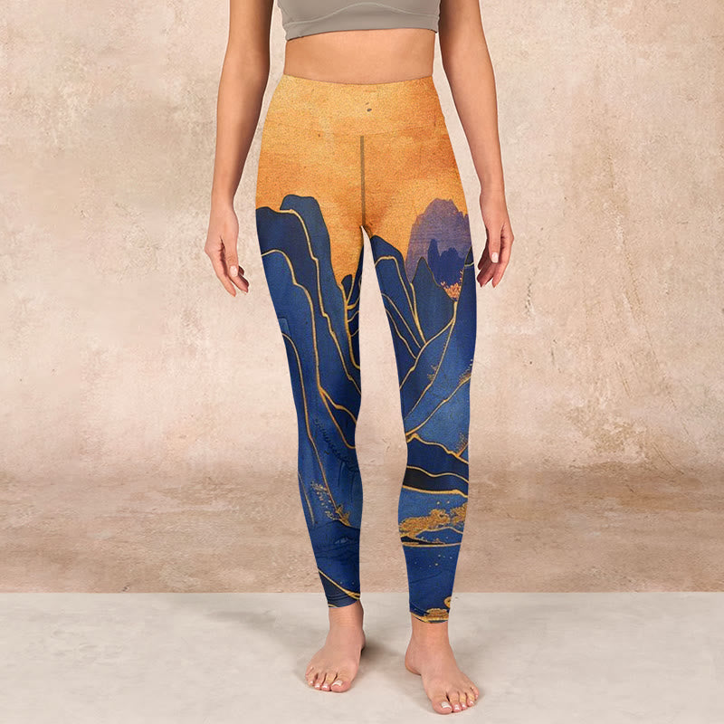 Buddha Stonesダークブルー マウンテンサンセットプリント フィットネスレギンス レディース ヨガパンツ - image 2