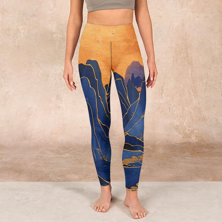 Buddha Stonesダークブルー マウンテンサンセットプリント フィットネスレギンス レディース ヨガパンツ - image 2