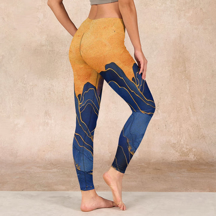 Buddha Stonesダークブルー マウンテンサンセットプリント フィットネスレギンス レディース ヨガパンツ - image 3