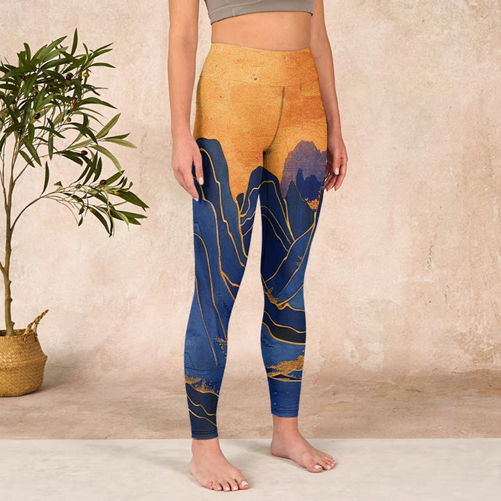 Buddha Stonesダークブルー マウンテンサンセットプリント フィットネスレギンス レディース ヨガパンツ - image 4