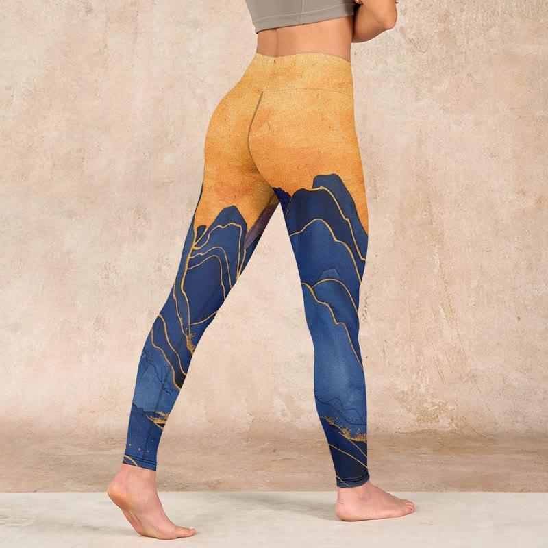 Buddha Stonesダークブルー マウンテンサンセットプリント フィットネスレギンス レディース ヨガパンツ - image 5