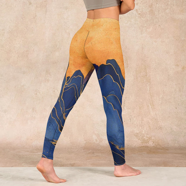 Buddha Stonesダークブルー マウンテンサンセットプリント フィットネスレギンス レディース ヨガパンツ - image 5
