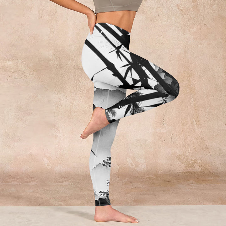 Buddha Stones水墨画 竹 松 山の風景 プリント ジムレギンス レディース ヨガパンツ - image 15