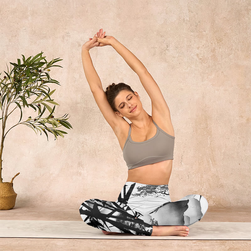 Buddha Stones水墨画 竹 松 山の風景 プリント ジムレギンス レディース ヨガパンツ - image 13