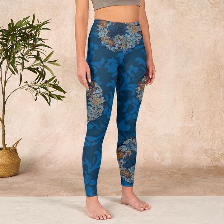 Buddha Stonesとダークブルーの花が咲いたプリントのスポーツレギンス、レディースヨガパンツ - image 4