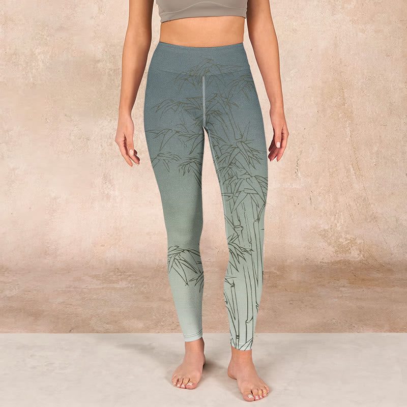 Buddha Stonesと竹の葉のスケッチプリントのスポーツレギンスレディースヨガパンツ - image 2