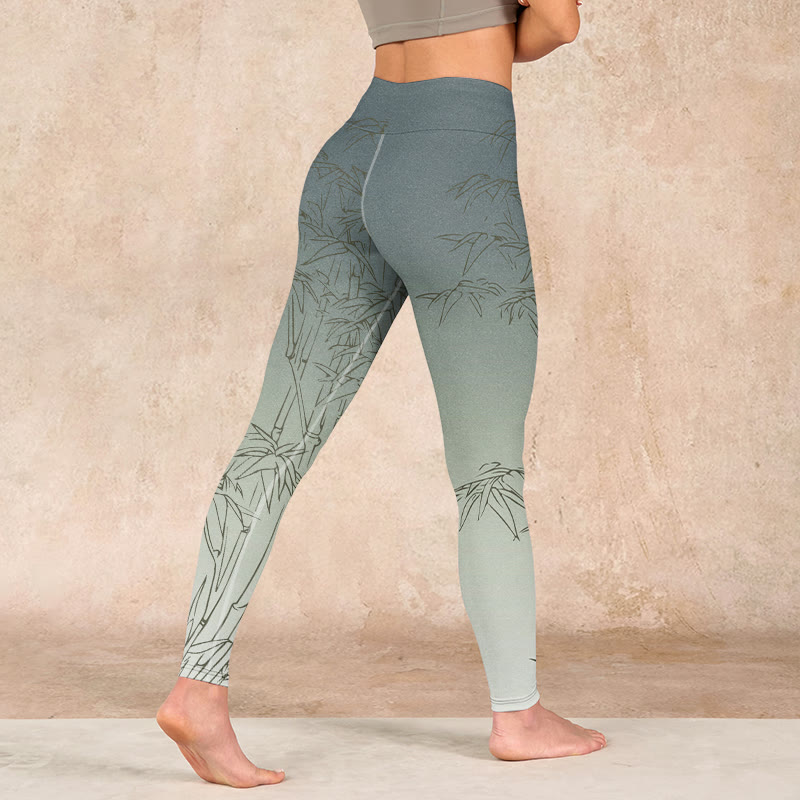 Buddha Stonesと竹の葉のスケッチプリントのスポーツレギンスレディースヨガパンツ - image 4
