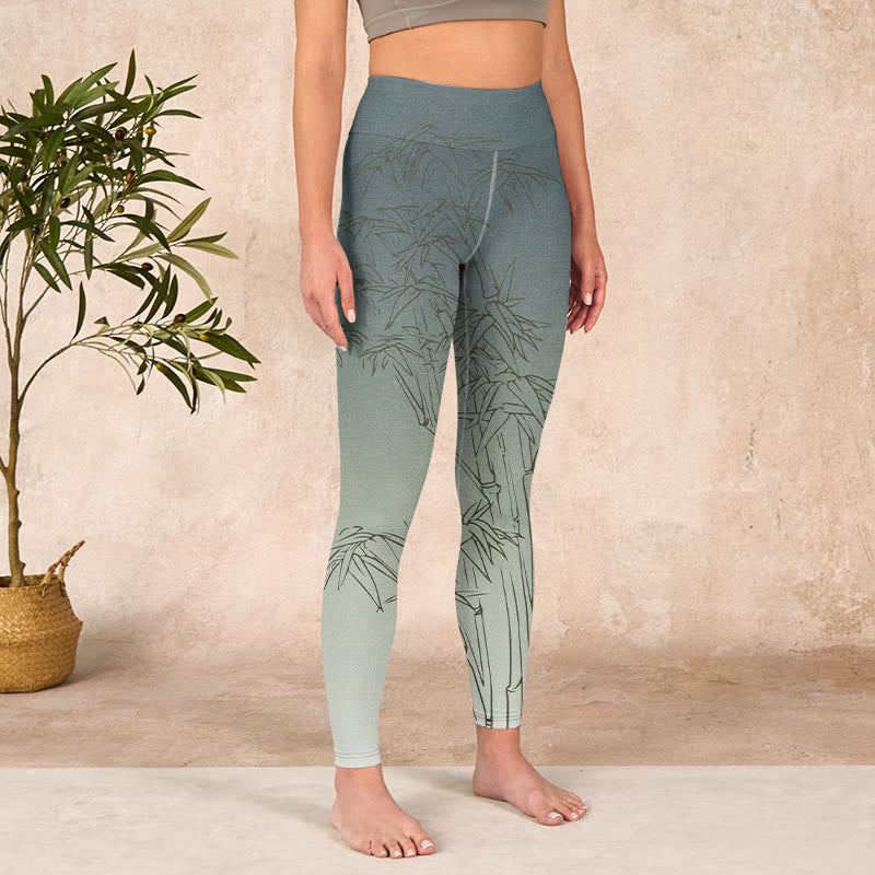 Buddha Stonesと竹の葉のスケッチプリントのスポーツレギンスレディースヨガパンツ - image 4