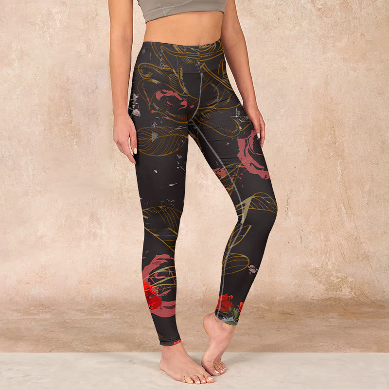 Buddha Stonesレッドローズプリント ジムレギンス レディース ヨガパンツ - 黒 - US18、 UK/AU22、 EU50 (4XL) - image 1