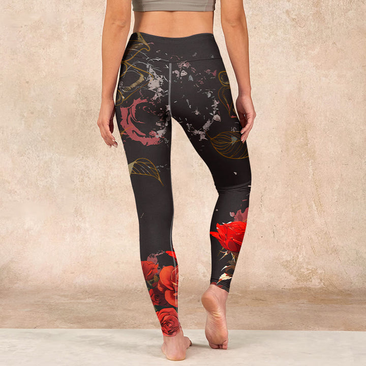 Buddha Stonesレッドローズプリント ジムレギンス レディース ヨガパンツ - image 15
