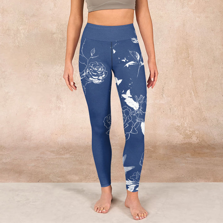 Buddha Stonesブルーローズ バタフライプリント スポーツレギンス レディース ヨガパンツ - image 1