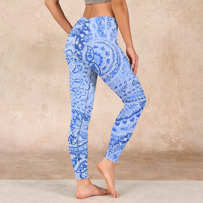 Buddha Stonesペルシャスタイルロイヤルブルーホワイトフラワー柄プリントエクササイズレギンスレディースヨガパンツ - image 3
