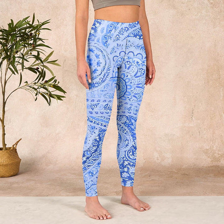 Buddha Stonesペルシャスタイルロイヤルブルーホワイトフラワー柄プリントエクササイズレギンスレディースヨガパンツ - image 4