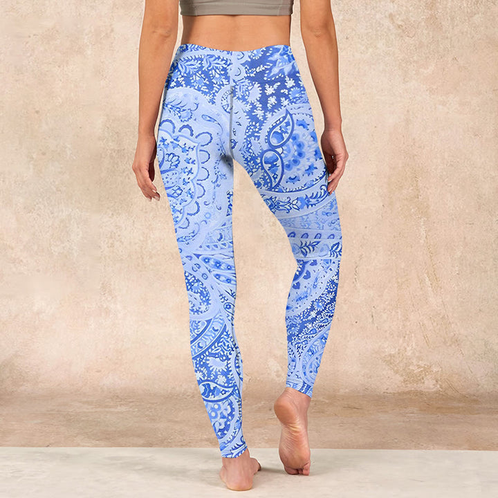 Buddha Stonesペルシャスタイルロイヤルブルーホワイトフラワー柄プリントエクササイズレギンスレディースヨガパンツ - image 14