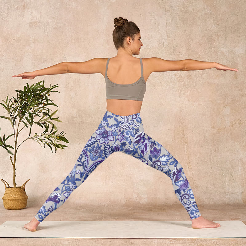 Buddha Stones、紫の花、葉のプリント、ジムフィットネスレギンス、レディースヨガパンツ - image 11