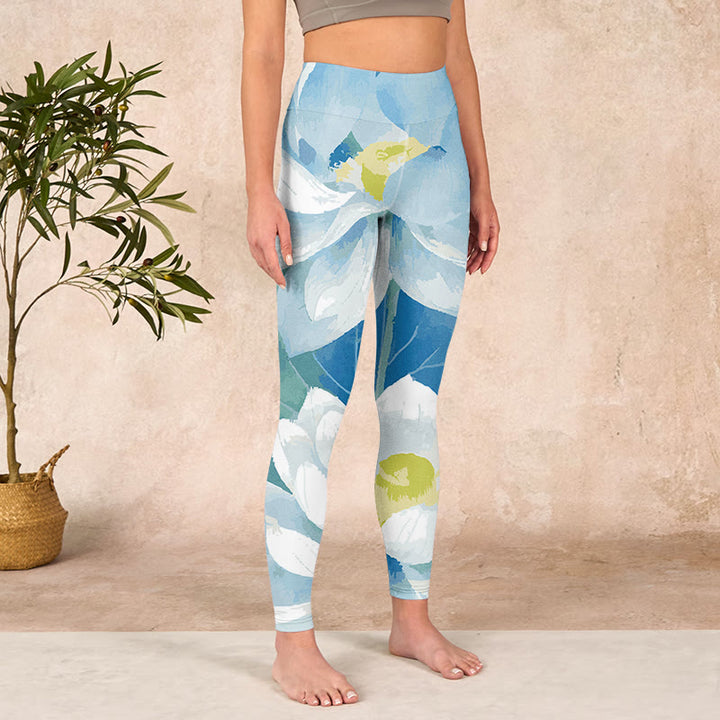 Buddha Stonesブルー ホワイト ロータス プリント ジムレギンス レディース ヨガパンツ - image 4