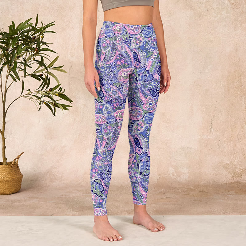 Buddha Stonesパープル ピンク カシューフラワープリント ジム フィットネス レギンス レディース ヨガパンツ - image 4