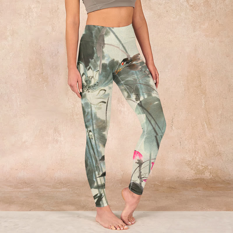Buddha Stones、蓮、竹の葉プリントのジムレギンス、レディースヨガパンツ - image 0