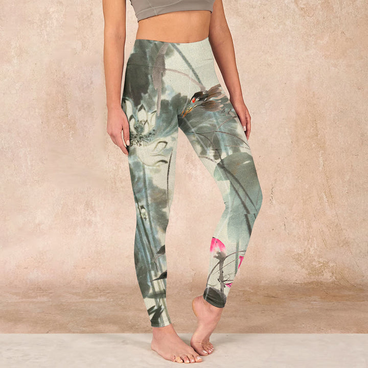 Buddha Stones、蓮、竹の葉プリントのジムレギンス、レディースヨガパンツ - image 0