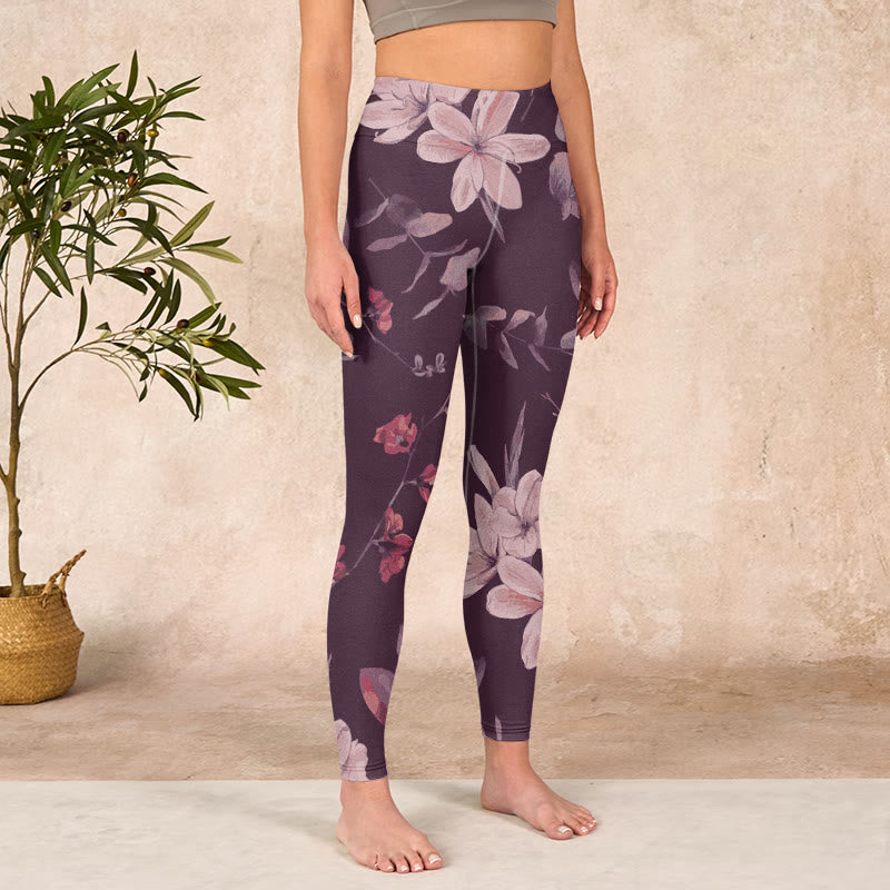 Buddha Stones、紫、白、花、葉、花柄プリント、ジムフィットネスレギンス、レディースヨガパンツ - image 4