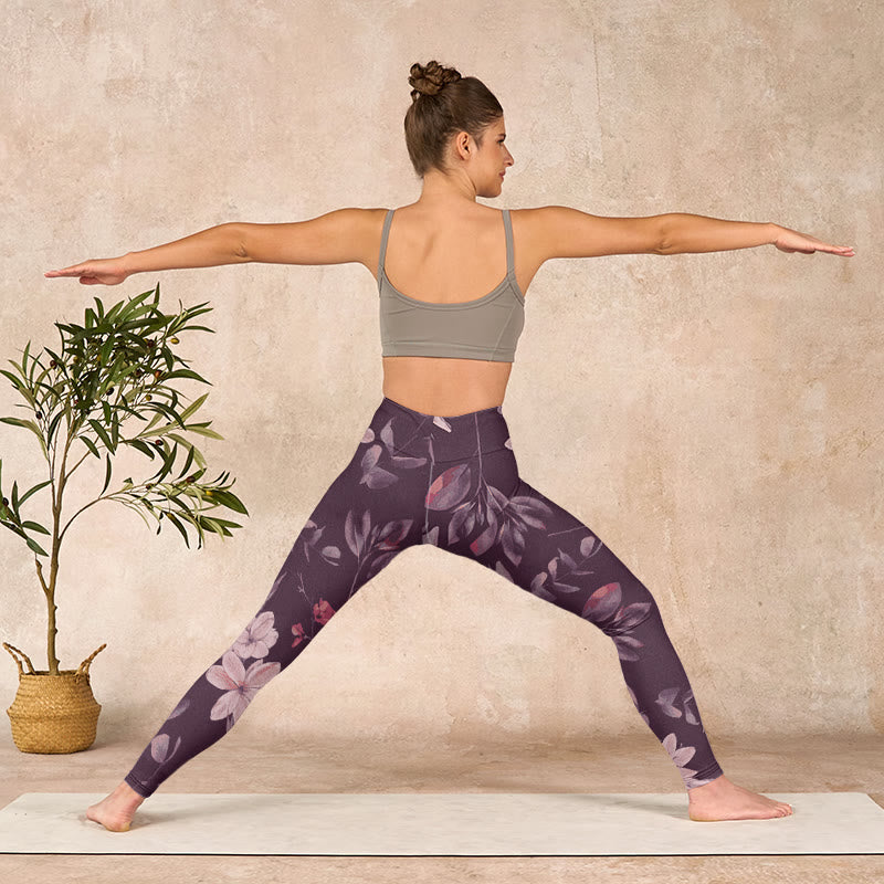 Buddha Stones、紫、白、花、葉、花柄プリント、ジムフィットネスレギンス、レディースヨガパンツ - image 10
