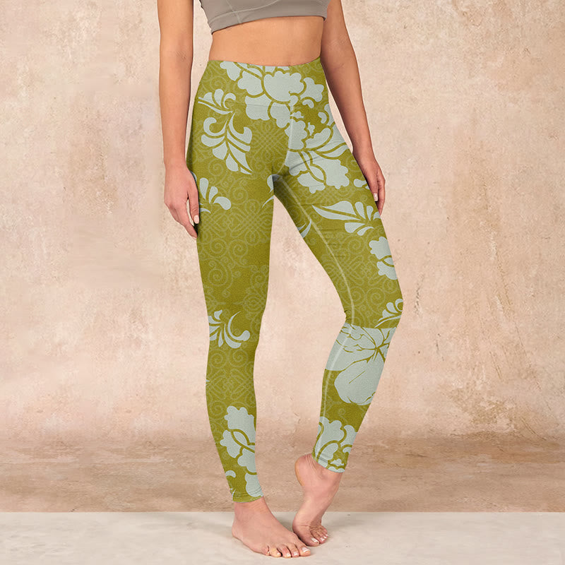 Buddha Stonesモノクロ花柄ジムレギンスレディースヨガパンツ - 黄緑 - US18、 UK/AU22、 EU50 (4XL) - image 1