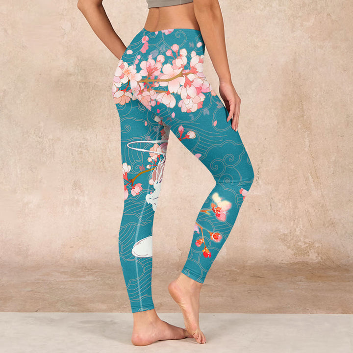 Buddha Stonesと龍、桜のプリントジムレギンス、レディースヨガパンツ - image 2