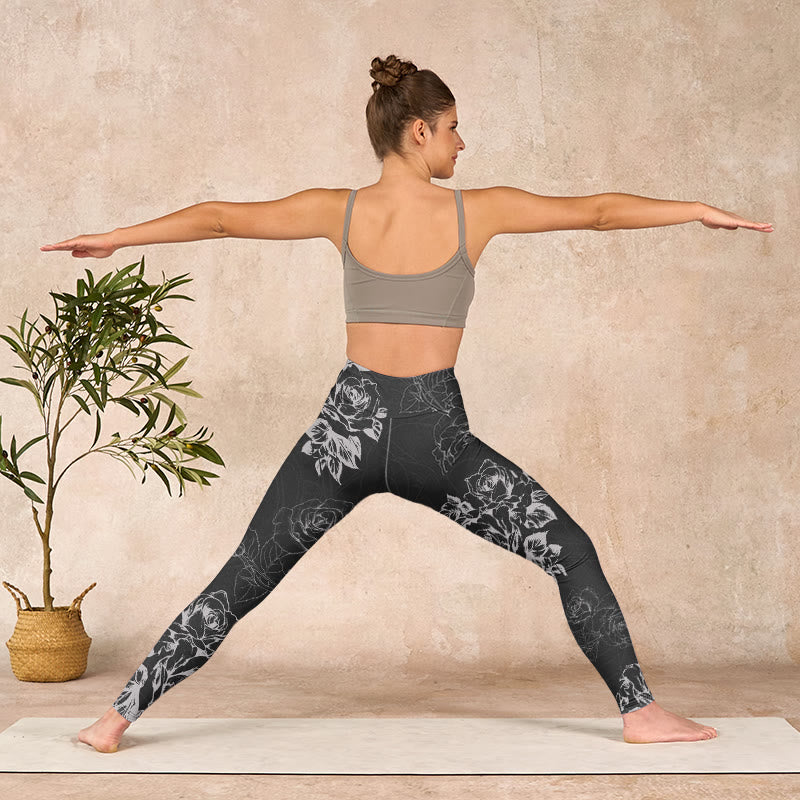 Buddha Stonesグレー牡丹ローズフラワースケッチプリントジムフィットネスレギンスレディースヨガパンツ - image 11