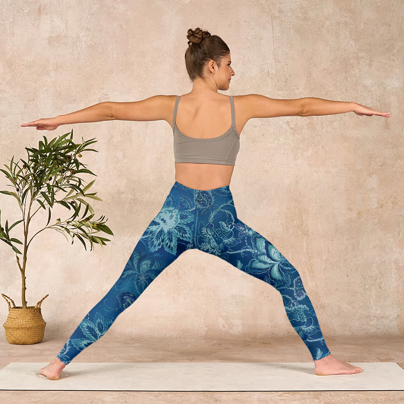 Buddha Stonesブルーフラワープリント スポーツフィットネスレギンス レディース ヨガパンツ - image 11