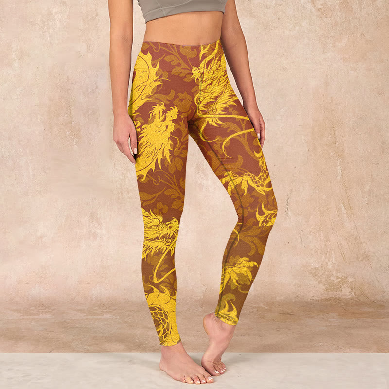 Buddha Stonesと黄金龍の花柄プリントのジムレギンス レディース ヨガパンツ - 金 - US18、 UK/AU22、 EU50 (4XL) - image 1
