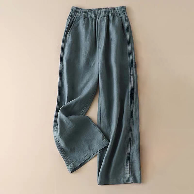 Buddha Stonesカジュアル 無地 サイドプリーツ コットンリネン レディース ワイドレッグパンツ ポケット付き