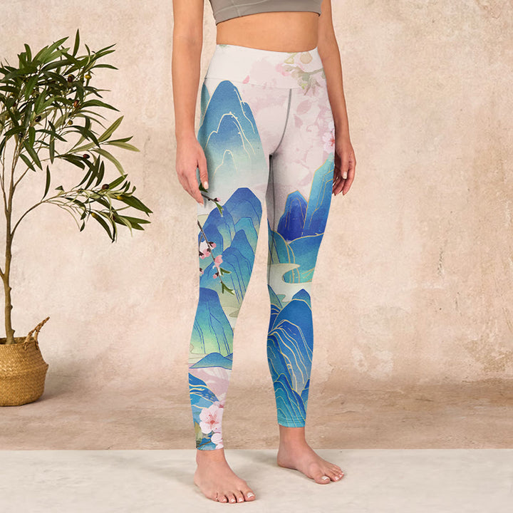 Buddha Stones、梅の花、山々のプリントジムレギンスレディースヨガパンツ - image 4