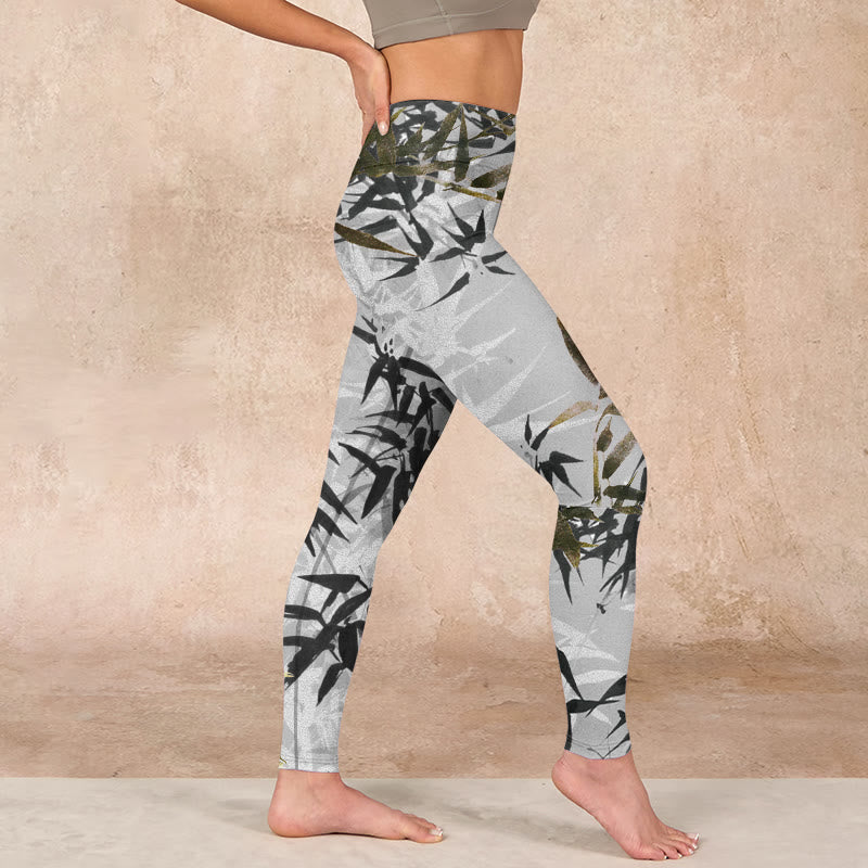 Buddha Stonesダークグレー 竹の葉柄 ジムレギンス レディース ヨガパンツ - image 17