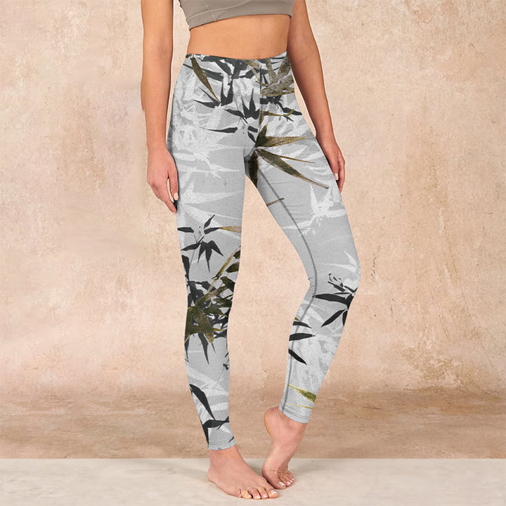 Buddha Stonesダークグレー 竹の葉柄 ジムレギンス レディース ヨガパンツ - ダークグレー - US18、 UK/AU22、 EU50 (4XL) - image 1