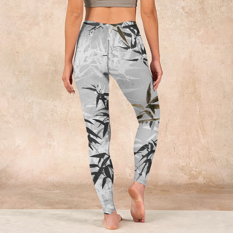 Buddha Stonesダークグレー 竹の葉柄 ジムレギンス レディース ヨガパンツ - image 15