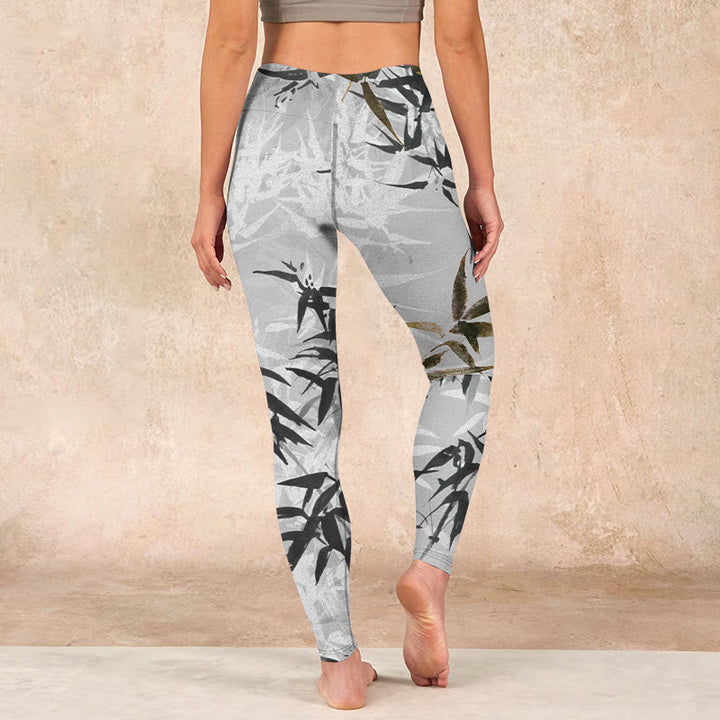 Buddha Stonesダークグレー 竹の葉柄 ジムレギンス レディース ヨガパンツ - image 15