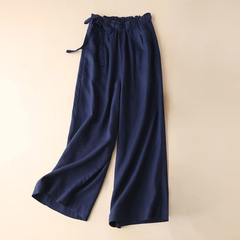 Buddha Stonesカジュアル 無地 レースアップ コットンリネン レディース ワイドレッグパンツ - 海軍 - US12、 UK/AU16、 EU44 (3XL) - image 5
