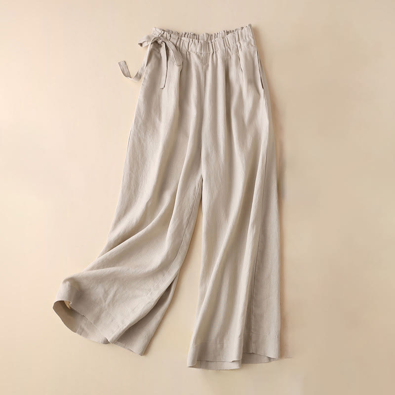 Buddha Stonesカジュアル 無地 レースアップ コットンリネン レディース ワイドレッグパンツ - ベージュ - US12、 UK/AU16、 EU44 (3XL) - image 22
