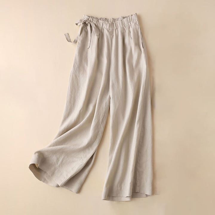 Buddha Stonesカジュアル 無地 レースアップ コットンリネン レディース ワイドレッグパンツ - ベージュ - US12、 UK/AU16、 EU44 (3XL) - image 22