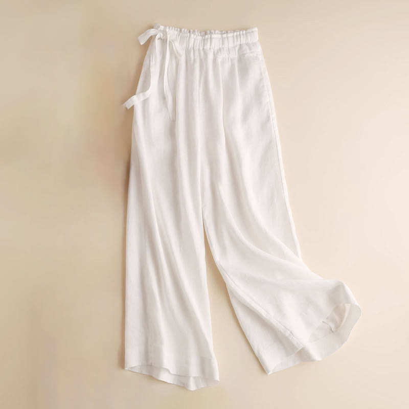 Buddha Stonesカジュアル 無地 レースアップ コットンリネン レディース ワイドレッグパンツ - 白 - US12、 UK/AU16、 EU44 (3XL) - image 30