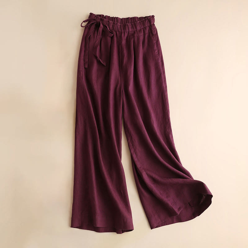Buddha Stonesカジュアル 無地 レースアップ コットンリネン レディース ワイドレッグパンツ - マルーン - US12、 UK/AU16、 EU44 (3XL) - image 13