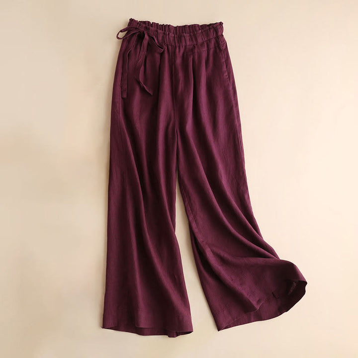 Buddha Stonesカジュアル 無地 レースアップ コットンリネン レディース ワイドレッグパンツ - マルーン - US12、 UK/AU16、 EU44 (3XL) - image 13