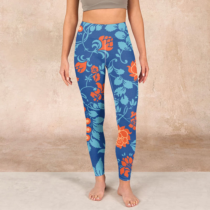 Buddha Stones、スチールブルー、レッド、チューリップ、花、葉のプリントジムレギンス、レディースヨガパンツ - image 1