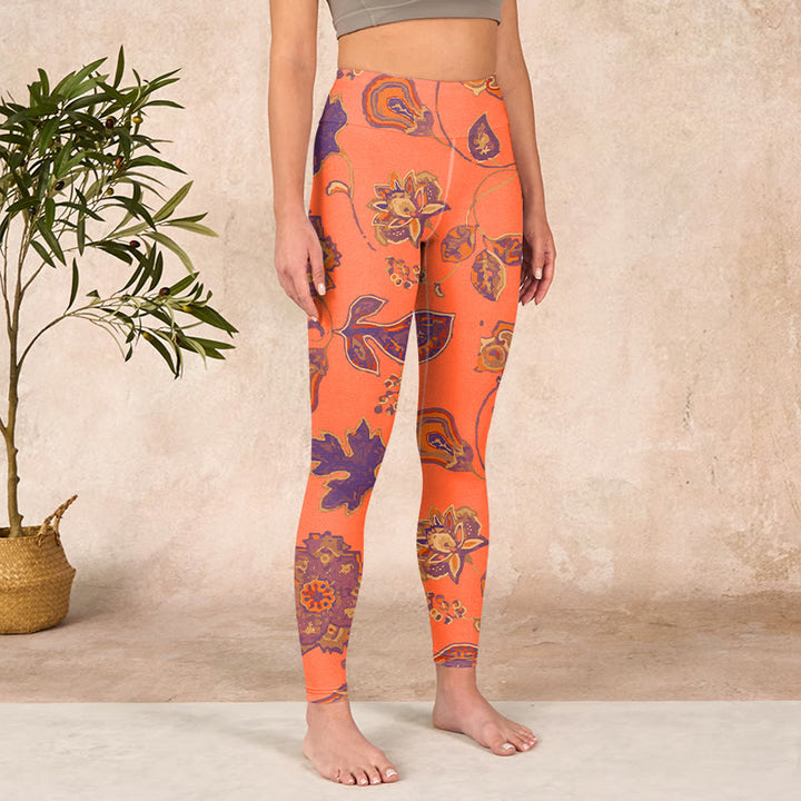 Buddha Stones、オレンジのメープルリーフ、花柄プリントのジムレギンス、レディースヨガパンツ - image 4