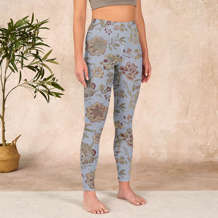 Buddha Stones、グレー、緑の葉、花柄プリントのジムレギンス、レディースヨガパンツ - image 4