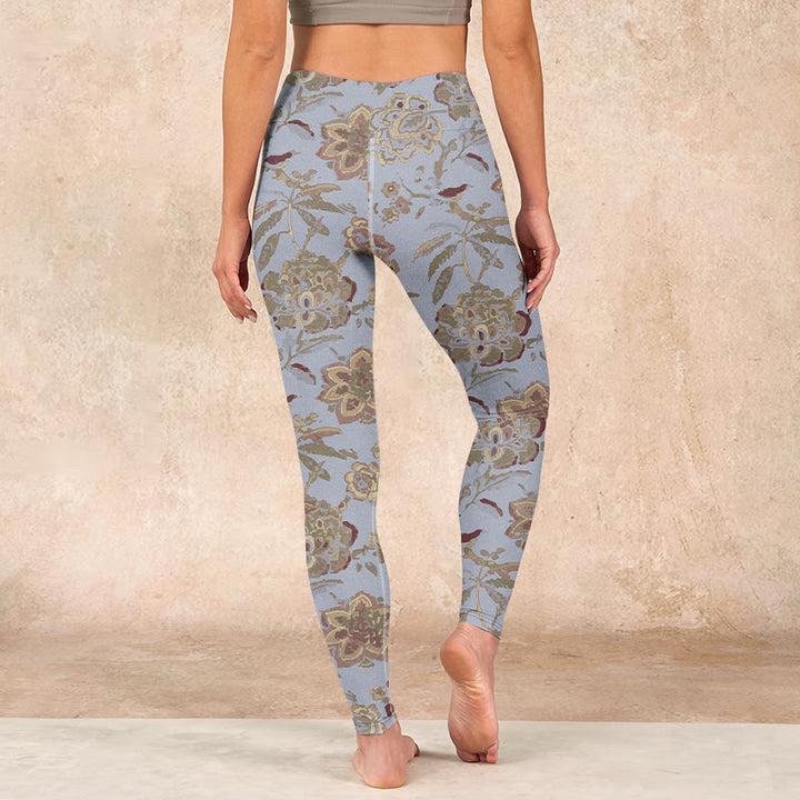 Buddha Stones、グレー、緑の葉、花柄プリントのジムレギンス、レディースヨガパンツ - image 16