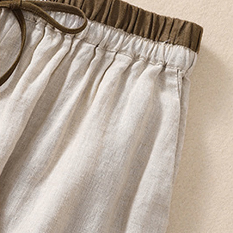 Buddha Stones無地 コントラストカラー ウエスト レースアップ コットンリネン レディース ショートパンツ ポケット付き - image 6