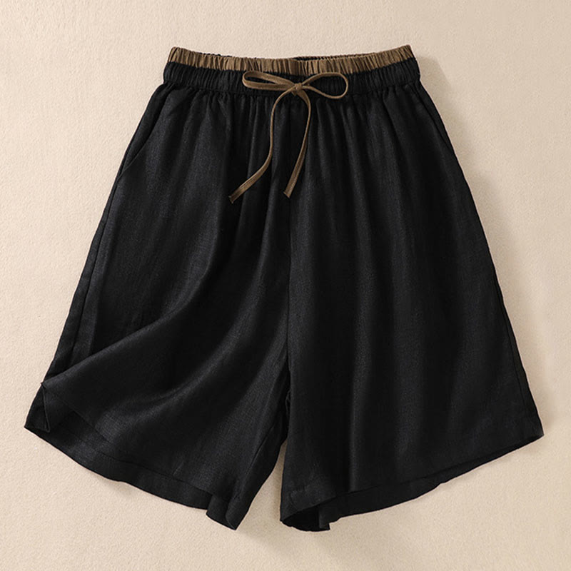 Buddha Stones無地 コントラストカラー ウエスト レースアップ コットンリネン レディース ショートパンツ ポケット付き - 黒 - US8-10，UK/AU12-14，EU40-42 (2XL) - image 9